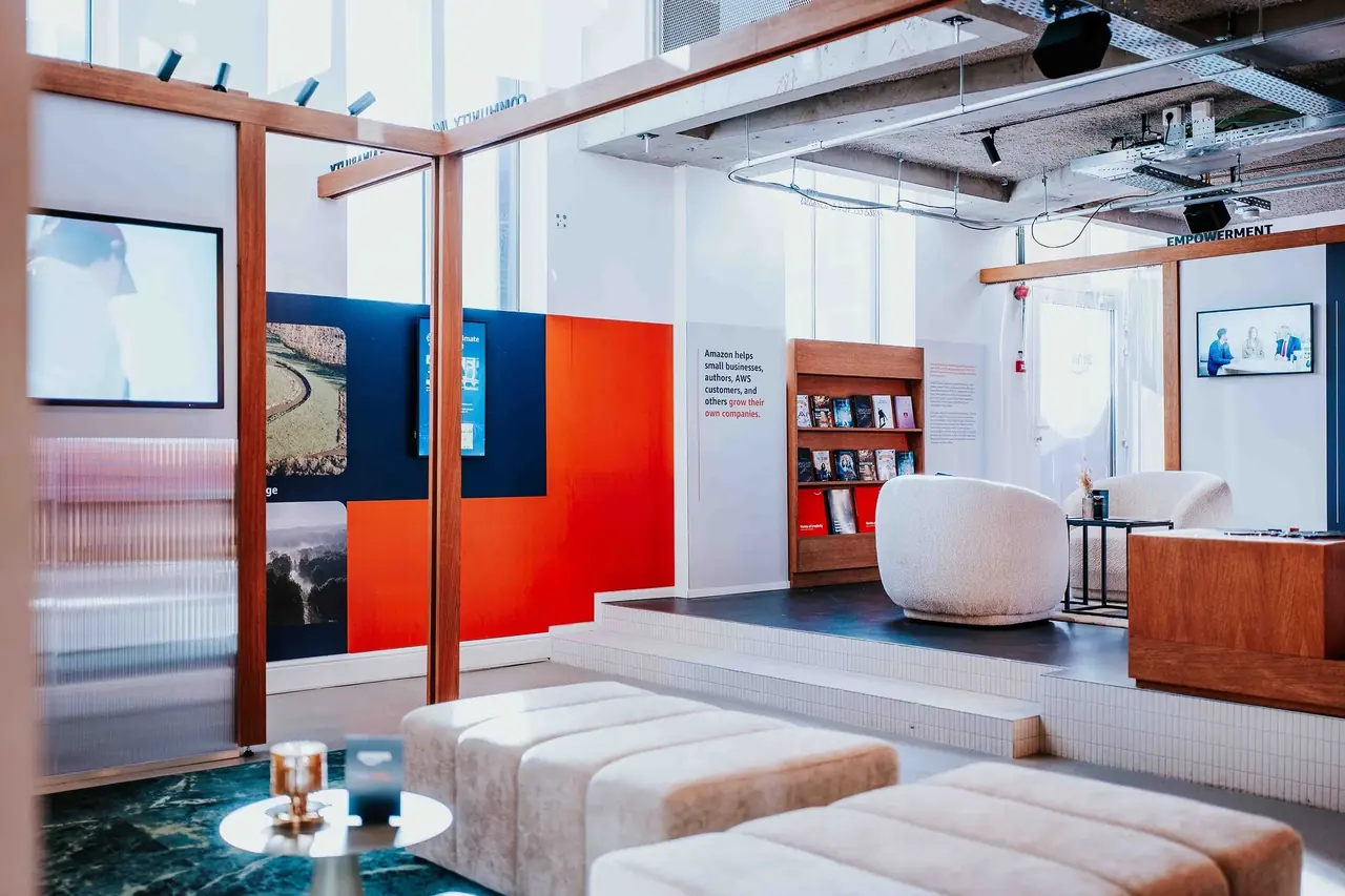 Lounge seating and shelving in the Amazon Expo space